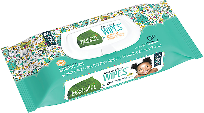 Seventh Generation® Free & Clear Baby Wipes, Unscented, White, 64 Wipes Per Pack, Carton Of 12 Packs