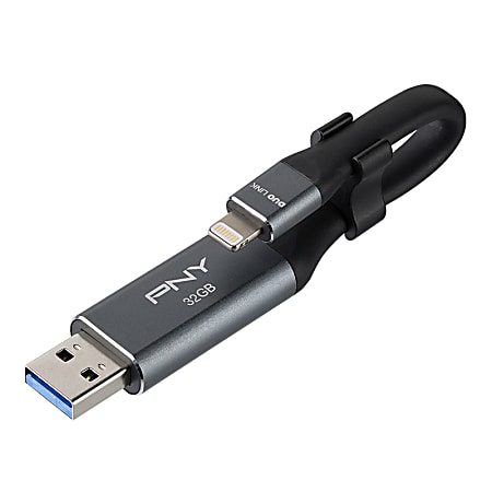PNY Duo Link Sync And Charge USB 3.0 Flash Drive For Apple® iPhone® And iPad®, 32GB, Metal Gray, P-FDI32GLA02GC-RB