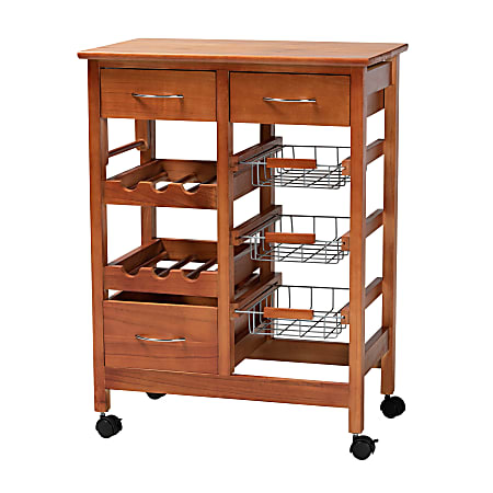 Baxton Studio Crayton Mobile Kitchen Storage Cart, 31-1/2”H x 23-5/8”W, Oak Brown/Silver