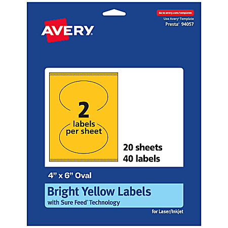 Avery® Print-To-The-Edge Labels With Sure Feed® Technology, 94057-BYP20, Oval, 4" x 6", Matte Bright Yellow, Pack of 40