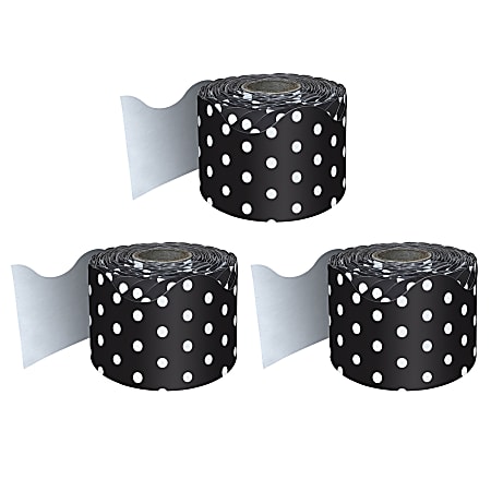 Carson Dellosa Education Rolled Scalloped Borders, Black/White Polka Dots, 65' Per Roll, Pack Of 3 Rolls