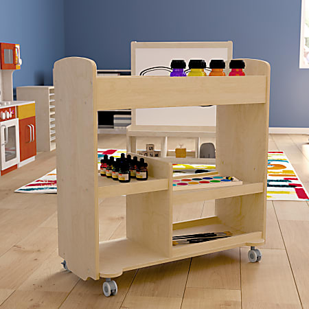 Flash Furniture Bright Beginnings Commercial Wood Double-Sided Mobile Storage Cart with Storage Compartments, Shelves And Locking Caster Wheels, 31-3/4”H x 33-1/4”W x 15-3/4”D, Beech