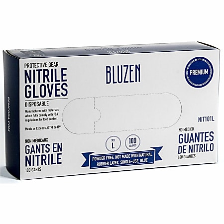 BLUZEN Disposable Nitrile Gloves - 3 mil Thickness - Large Size - Nitrile - Blue - Durable, Comfortable - 100 Box - 10 / Carton