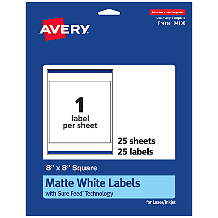 Avery® Permanent Labels With Sure Feed®, 94108-WMP25, Square, 8" x 8", White, Pack Of 25