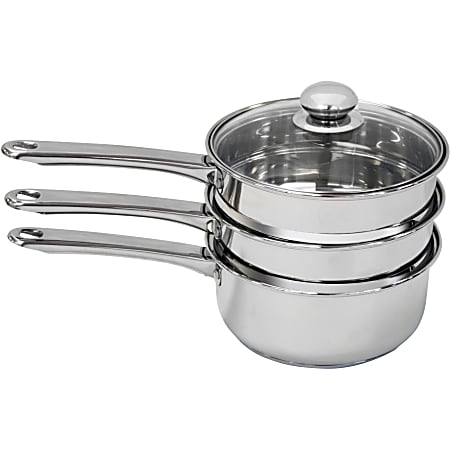 PURELIFE 4 Piece 3 Qt Double Boiler/Steamer - 3 quart Double Boiler, Steamer Insert, Lid - Stainless Steel, Aluminum, Tempered Glass Lid - Dishwasher Safe - 4 Piece(s) Case