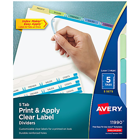 Avery® Customizable Index Maker® Dividers For 3 Ring Binder, Easy Print & Apply Clear Label Strip, 5 Tab, Pastel Tabs, Pack Of 5 Sets