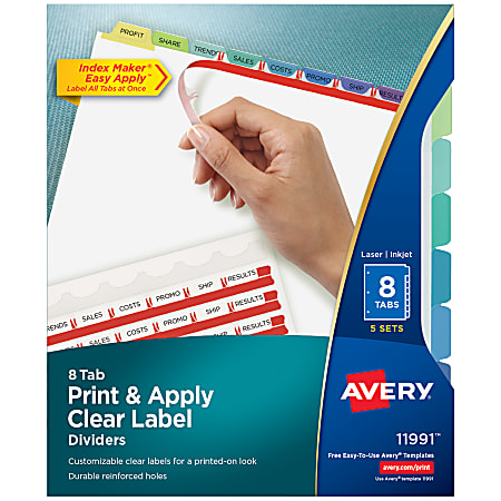 Avery® Customizable Index Maker® Dividers For 3 Ring Binder, Easy Print & Apply Clear Label Strip, 8 Tab, Pastel Tabs, Pack Of 5 Sets