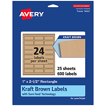 Avery® Kraft Permanent Labels With Sure Feed®, 94221-KMP25, Rectangle, 1" x 2-1/2", Brown, Pack Of 600