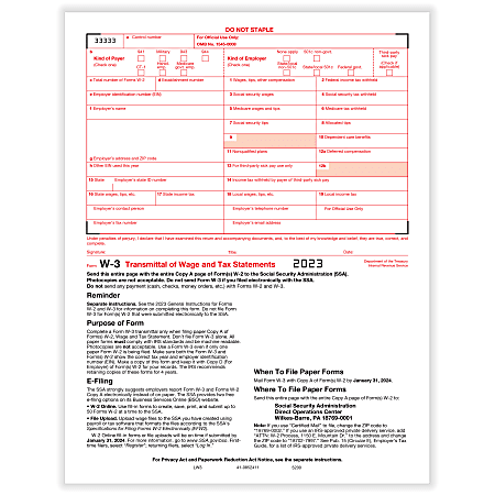 ComplyRight® W-3 Transmittal Tax Forms, 1-Part, 8-1/2" x 11", Pack Of 10 Forms