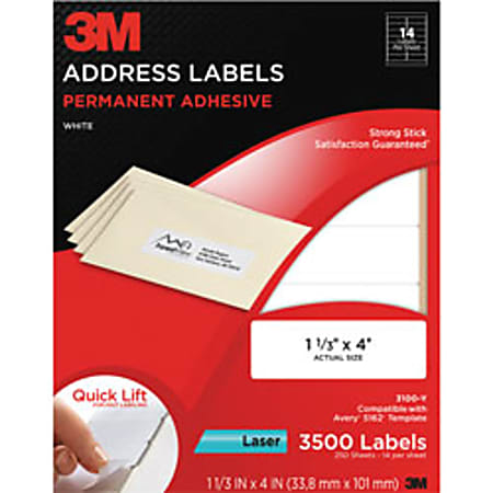 3M™ White Laser Address Labels, 1 1/3" x 4", Pack Of 3,500