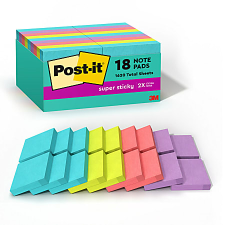 Post-it® Super Sticky Notes, 1.88 x 1.88 in, 18 Sticky Note Pads, 90 Sheets/Pad, 2X the Sticking Power, School and Office Supplies, Supernova Neons