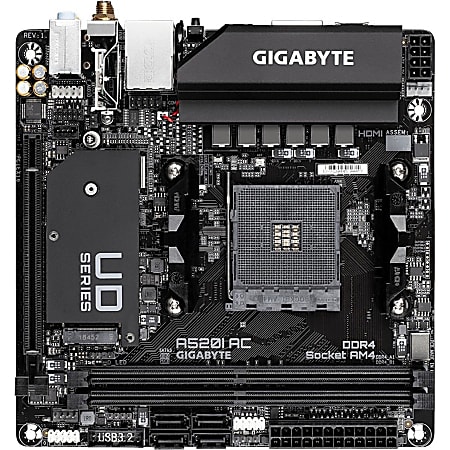 Gigabyte Ultra Durable A520I AC Desktop Motherboard - AMD Chipset - Socket AM4 - Mini ITX - Ryzen 3, Ryzen 5, Ryzen 7, Ryzen 9, Ryzen 3 PRO, Ryzen 5 Pro, Ryzen 7 PRO, Ryzen 9 PRO Processor Supported - 64 GB DDR4 SDRAM Maximum RAM - DIMM, UDIMM