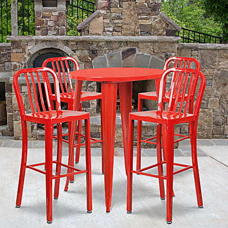 Flash Furniture Commercial-Grade Round Metal Indoor-Outdoor Bar Table Set With 4 Vertical Slat-Back Stools, 41"H x 30"W x 30"D, Red