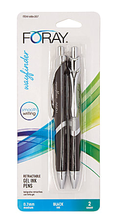 FORAY® Wayfinder Retractable Ballpoint Gel Pens, 0.7 mm, Fine Point, Black/Silver Barrel, Black Ink, Pack Of 2