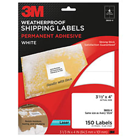 3M™ White Weatherproof Laser Shipping Labels, 3 1/3" x 4", Pack Of 150