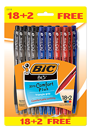 BIC® BU3 Grip RT Ball Pens, Medium Point, 1.0 mm, Assorted Ink Colors, Pack Of 20