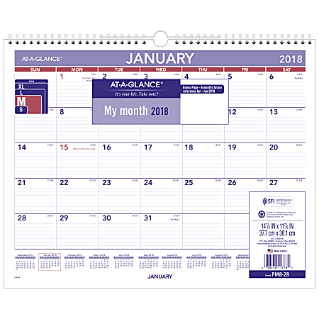 AT-A-GLANCE® Monthly Wall Calendar, 12" x 15", Blue/Red, January to December 2018 (PM828-18)