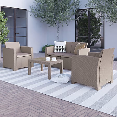 Flash Furniture 4-Piece Outdoor Faux-Rattan Chair, Loveseat and Table Set, Light Gray
