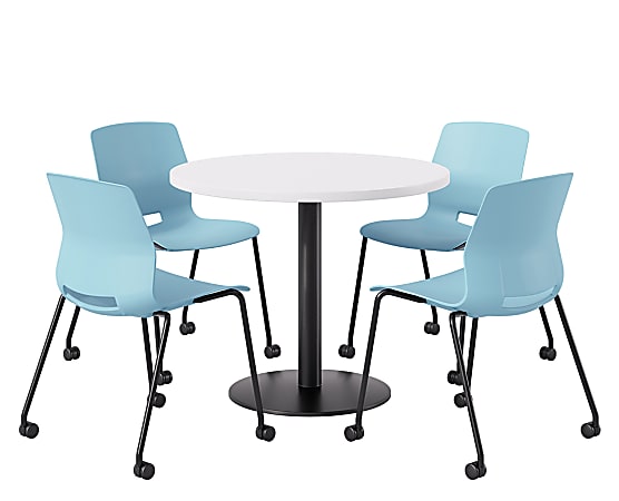 KFI Studios Proof Cafe Round Pedestal Table With Imme Caster Chairs, Includes 4 Chairs, 29”H x 36”W x 36”D, Designer White Top/Black Base/Sky Blue Chairs