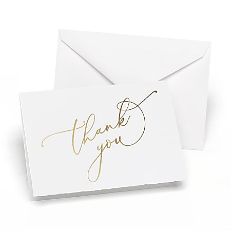 Taylor All Occasion Thank You Cards, 4-7/8" x 3-1/2", White Deckle/Gold, Box Of 24 Cards