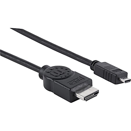 Manhattan HDMI Male to Micro Male High Speed Shielded Cable w/ Ethernet, 6.6', Black - Supports HDMI Ethernet Channel, Audio Return Channel, 3D Video, 4K Display and Deep Color
