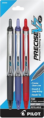 Pilot® Precise V7 RT Rolling Ball Pens, Fine Point, 0.7 mm, Assorted Ink Colors, Pack Of 3
