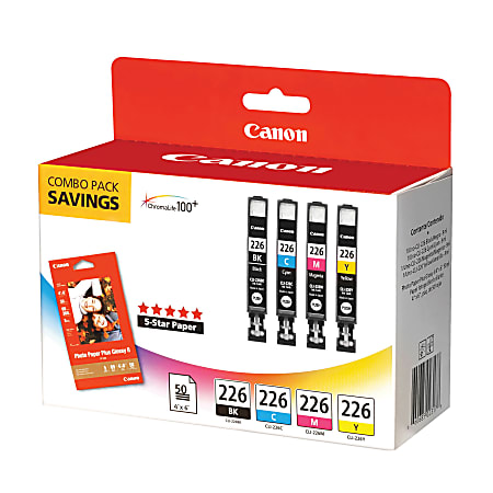 Canon® CLI-226 ChromaLife 100+ Black And Cyan, Magenta, Yellow Ink Tanks And 50 Sheets Of Paper, Pack Of 4, 4546B007