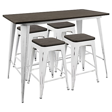 Lumisource Oregon Industrial Counter Table With 4 Counter Stools, No-Back Stools, Vintage White/Espresso