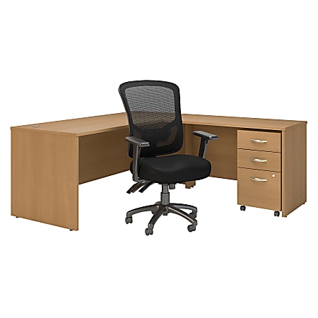 Bush Business Furniture Components 72"W L-Shaped Desk With Mobile File Cabinet And High-Back Multifunction Office Chair, Light Oak, Standard Delivery