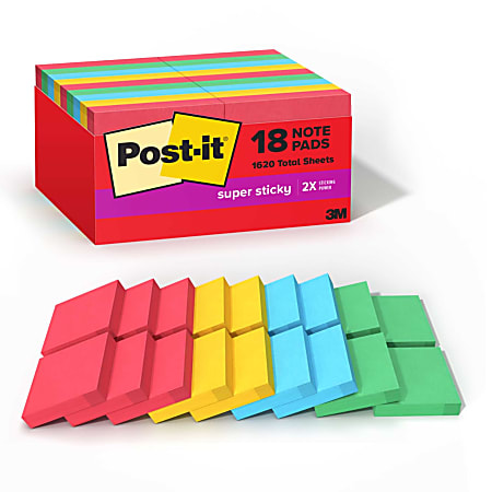 Post-it® Super Sticky Notes, 1-7/8 in x 1-7/8 in, 18 Pads, 90 Sheets/Pad, 2x the Sticking Power, Playful Primaries Collection