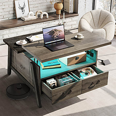 Bestier Wood  Lift Top Square Coffee Table With LED Lights & Storage Drawers, 20”H x 35-7/16”W x 35-7/16”D, Retro Gray