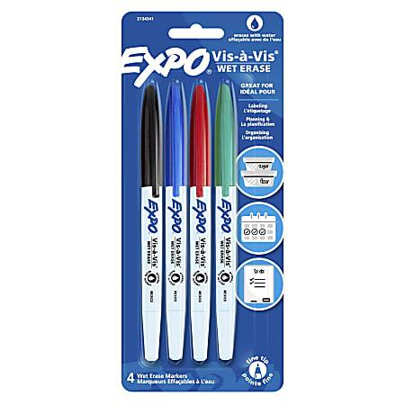 EXPO® Vis-a-Vis® Wet-Erase Fine-Tip Markers, Assorted Colors, Pack Of 4