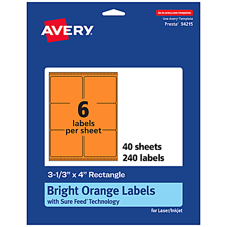 Avery® Printable Labels With Sure Feed® Technology, 94215-BOP40, Rectangle, 3-1/3" x 4", Matte Bright Orange, Pack of 240