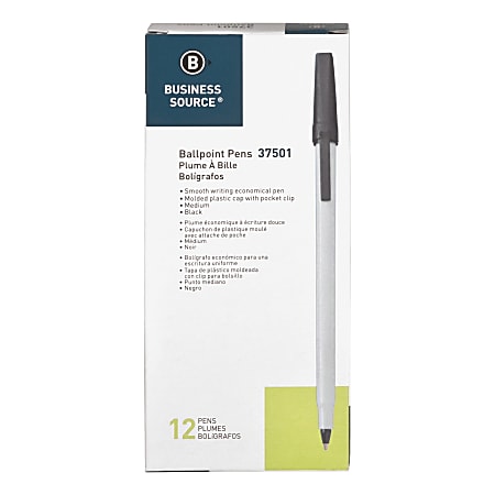 Business Source Medium Point Ballpoint Stick Pens - Medium Pen Point - Black - Light Gray Barrel - Stainless Steel Tip - 1 Dozen Business Source Medium Point Ballpoint Stick Pens - Medium Pen Point - Black - Light Gray Barrel - Stainless Steel Tip - 1 Dozen