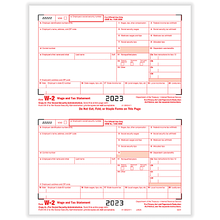 ComplyRight® W-2 Tax Forms, 2-Up, IRS Federal Copy A, Laser, 8-1/2" x 11", Pack Of 100 Forms