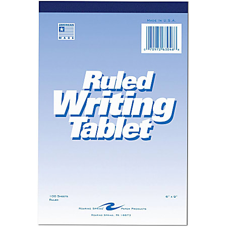 Roaring Spring Ruled Writing Tablets - 100 Sheets - Glued/Tapebound - 15 lb Basis Weight - 6" x 9" - White Paper - White Cover - Chipboard Cover - Chipboard Backing - 1 Each