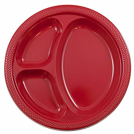 JAM PAPER Plastic 3 Compartment Divided Plates, Large, 10 1/4 inch, Red, 20/Pack 