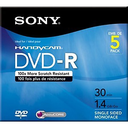 Sony® 8cm Mini DVD-R Recordable Media, 1.4GB/30 Minutes, Pack Of 5
