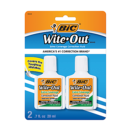 BIC Wite-Out Extra Coverage Correction Fluid, 20 mL Bottles, White, Pack Of 2