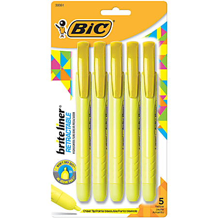 BIC® Brite Liner Retractable Highlighters, Chisel Point, Yellow, Pack Of 5