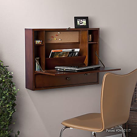 SEI Furniture Benwick 26"W Wall-Mount Laptop Computer Desk, Brown Mahogany