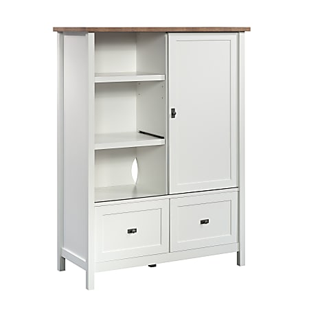 Sauder® Cottage Road Computer Armoire Storage Cabinet With File Drawers, 56"H x 42-1/8"W x 18-5/8"D, White/Lintel Oak