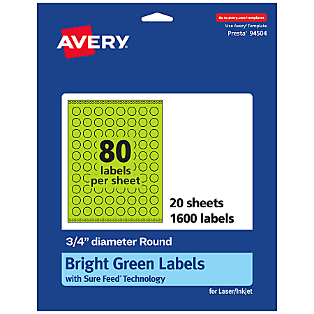 Avery® Print-To-The-Edge Labels With Sure Feed® Technology And Easy Peel® Label Feature, 94504-BGP20, Round, 3/4", Matte Bright Green, Pack of 1600