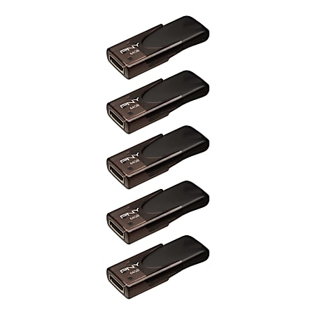 PNY Attaché 4 USB 2.0 Flash Drives, 64GB, Black, Pack Of 5 Drives