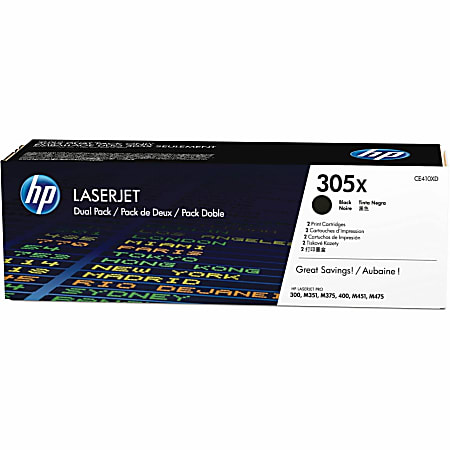 HP 305X Black High Yield Toner Cartridges, Pack Of 2, CE410XD