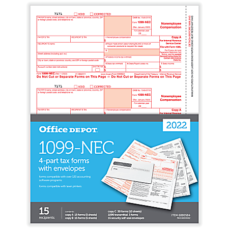 Office Depot® Brand 1099-NEC Laser Tax Forms, 4-Part, 3-Up, 8-1/2" x 11", Pack Of 15 Form Sets