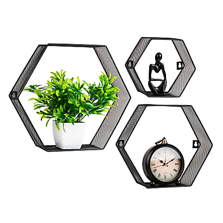 Mind Reader Hexagon Floating Shelves, Black, Set Of 3 Shelves
