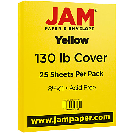 Jam Paper Cover Card Stock, Letter Size (8-1/2 inch x 11 inch), 130 lb, Yellow, Pack of 25 Sheets
