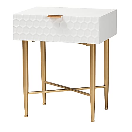 Baxton Studio Marcin 1-Drawer Nightstand, 24"H x 20-1/8"W x 15-3/4"D, White/Gold