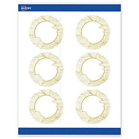 Avery® Printable Labels With Sure Feed® Technology, S00-EVZ, Round, 3", Matte White With Preprinted Gold Leaf Pattern, Pack Of 60